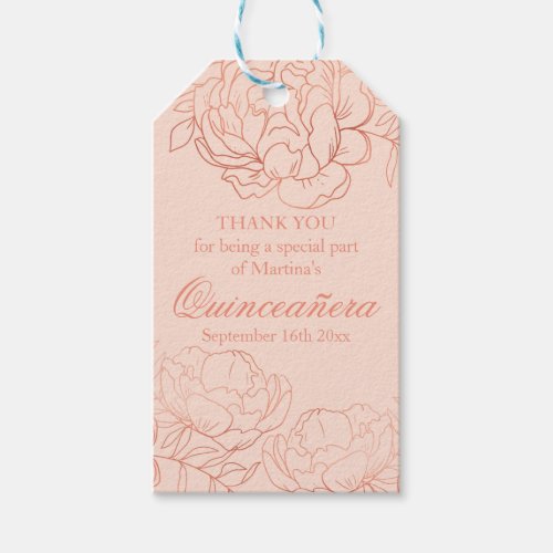 Elegant Pink Rose Gold Floral Sketch Quinceanera Gift Tags