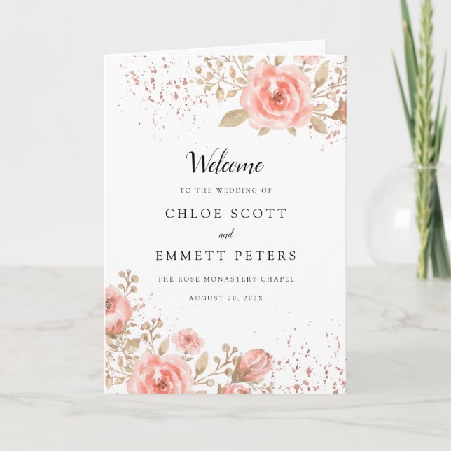 Elegant Pink Rose Gold Floral Wedding Booklet Program (Front)