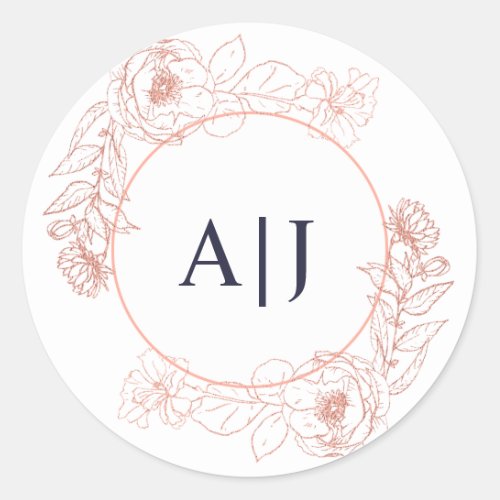 Elegant Pink Rose Gold Floral Wedding Monogram Classic Round Sticker