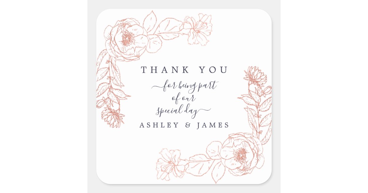 Elegant Pink Rose Gold Floral Wedding Thank You Square Sticker | Zazzle