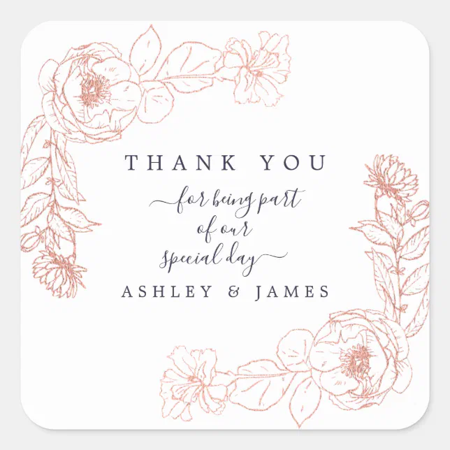 Elegant Pink Rose Gold Floral Wedding Thank You Square Sticker | Zazzle