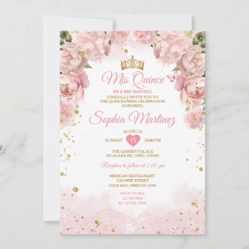 Elegant Pink Rose Gold Flowers Girl Mis Quince Invitation