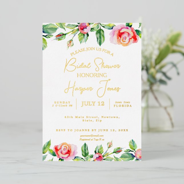 Elegant Pink Rose & Gold Foil Bridal Shower  Foil Invitation (Standing Front)
