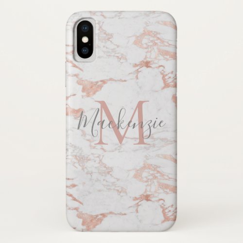 Elegant Pink Rose Gold Foil Marble Monogram iPhone XS Case