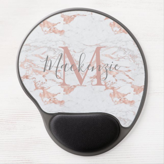 Elegant Pink Rose Gold Foil Marble Monogram Gel Mouse Pad (Front)