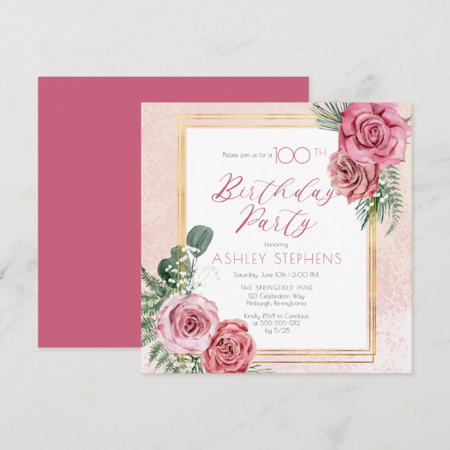 Elegant Pink Rose |Gold Frame 100th Birthday Party Invitation (Front/Back)