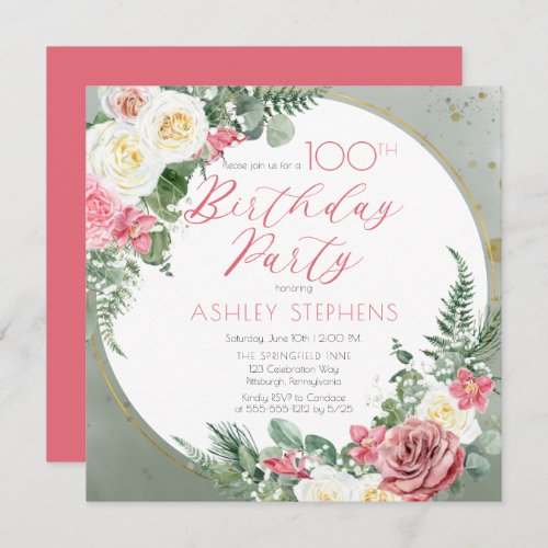 Elegant Pink Rose Gold Frame 100th Birthday Party Invitation