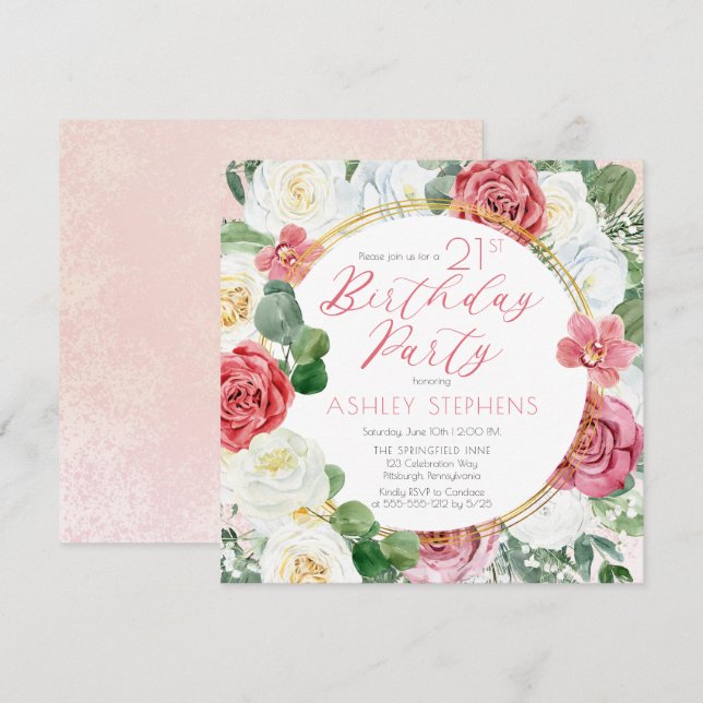 Elegant Pink Rose | Gold Frame 21st Birthday Party Invitation (Front/Back)