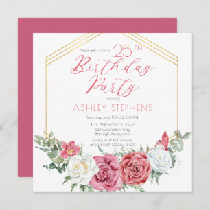 Elegant Pink Rose Gold Frame 25th Birthday Party Invitation