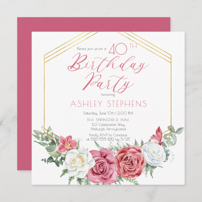 Elegant Pink Rose | Gold Frame 40th Birthday Party Invitation (Front/Back)