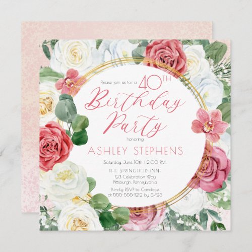 Elegant Pink Rose  Gold Frame 40th Birthday Party Invitation