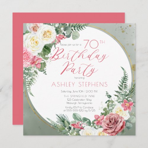 Elegant Pink Rose  Gold Frame 70th Birthday Party Invitation