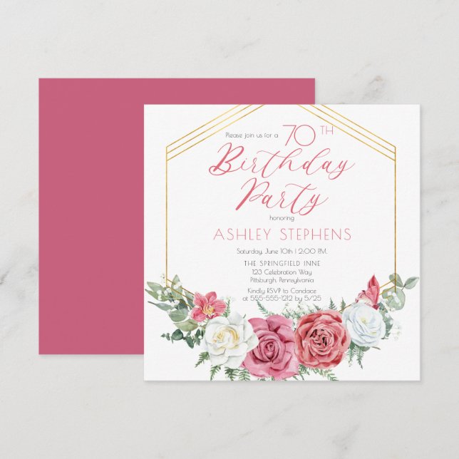 Elegant Pink Rose | Gold Frame 70th Birthday Party Invitation (Front/Back)