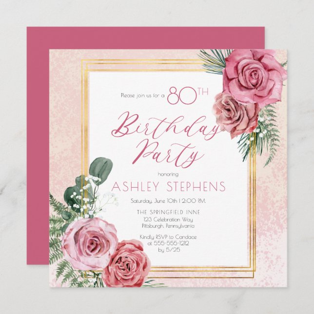 Elegant Pink Rose |Gold Frame 80th Birthday Party Invitation (Front/Back)