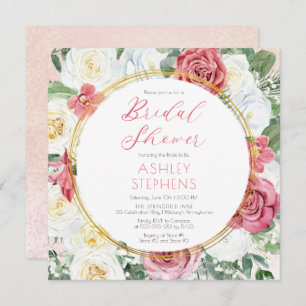 Elegant Pink Rose   Gold Frame Bridal Shower Invit Invitation