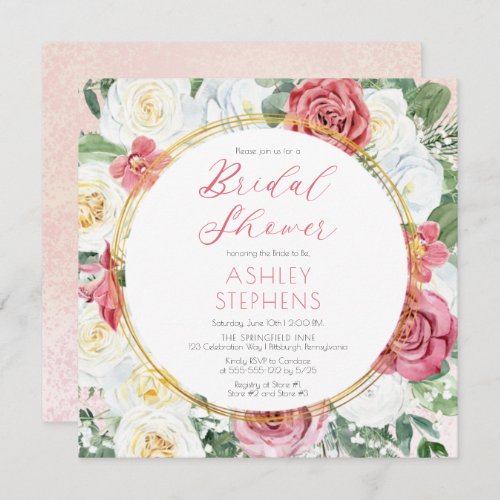 Elegant Pink Rose  Gold Frame Bridal Shower Invit Invitation