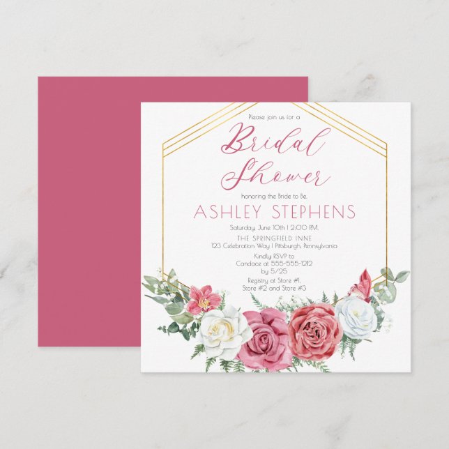 Elegant Pink Rose | Gold Frame Bridal Shower Invit Invitation (Front/Back)