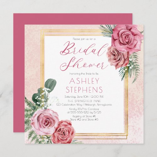 Elegant Pink Rose  Gold Frame Bridal Shower Invitation