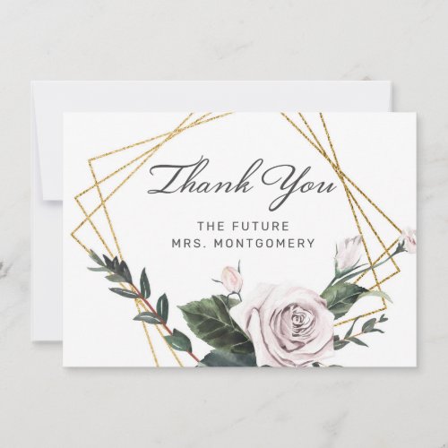 Elegant Pink Rose Gold Frame Floral Bridal Shower Thank You Card