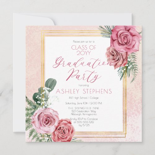 Elegant Pink Rose  Gold Frame Graduation Party Invitation