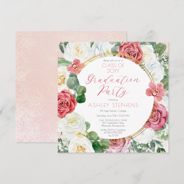 Elegant Pink Rose | Gold Frame Graduation Party Invitation (Front/Back)