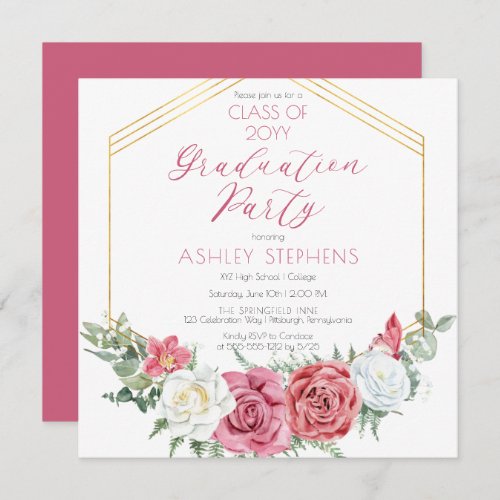 Elegant Pink Rose  Gold Frame Graduation Party Invitation