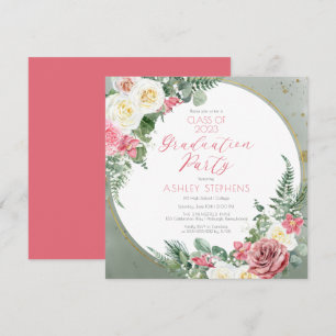 Elegant Pink Rose   Gold Frame Graduation Party Invitation