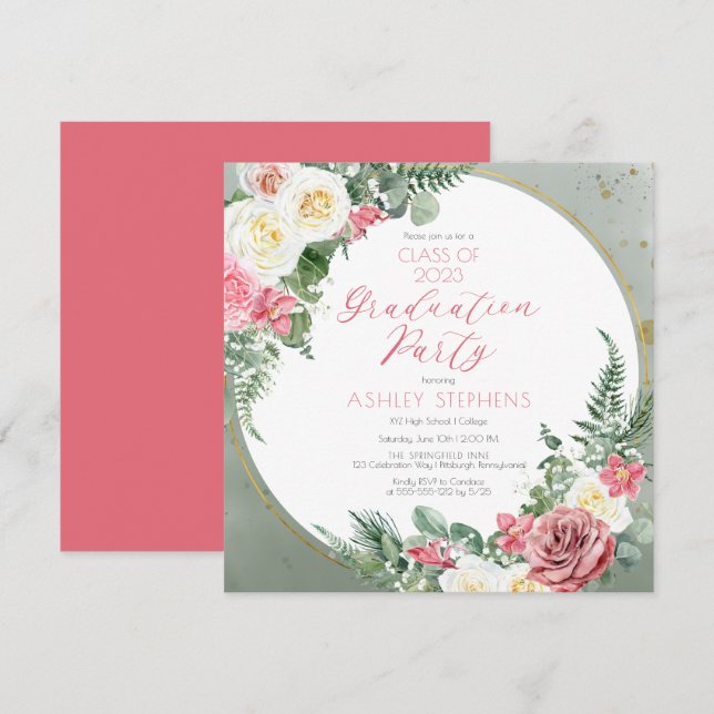 Elegant Pink Rose | Gold Frame Graduation Party Invitation (Front/Back)