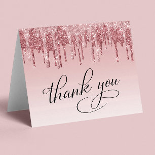 Elegant Pink Rose Gold Glitter 50th Birthday Party Letterpress Thank You Card