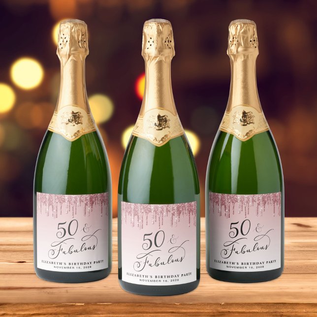 Elegant Pink Rose Gold Glitter 50th Birthday Party Sparkling Wine Label (Creator Uploaded)