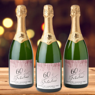 Elegant Pink Rose Gold Glitter 60th Birthday Party Sparkling Wine Label