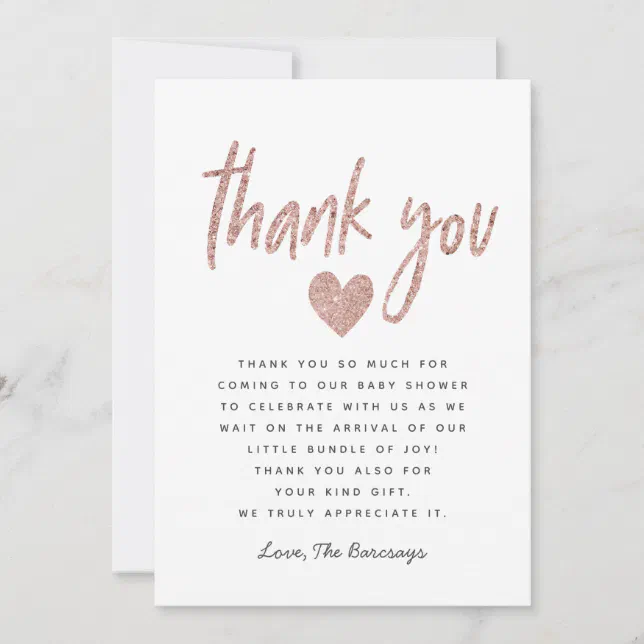 Elegant Pink Rose Gold Glitter Baby Shower Thank You Card | Zazzle