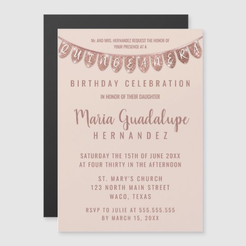 Elegant Pink Rose Gold Glitter Banner Quinceaera Magnetic Invitation