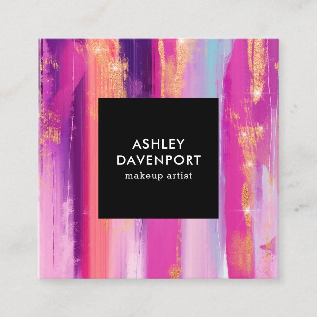 Elegant pink rose gold glitter brushstrokes makeup square business card (Front)