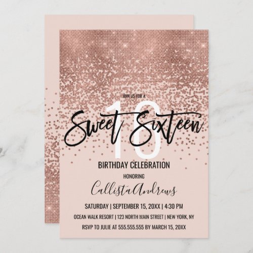 Elegant Pink Rose Gold Glitter Confetti Sweet 16 Invitation