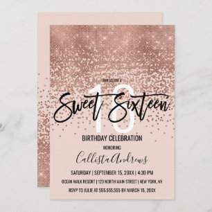 Elegant Pink Rose Gold Glitter Confetti Sweet 16 Invitation