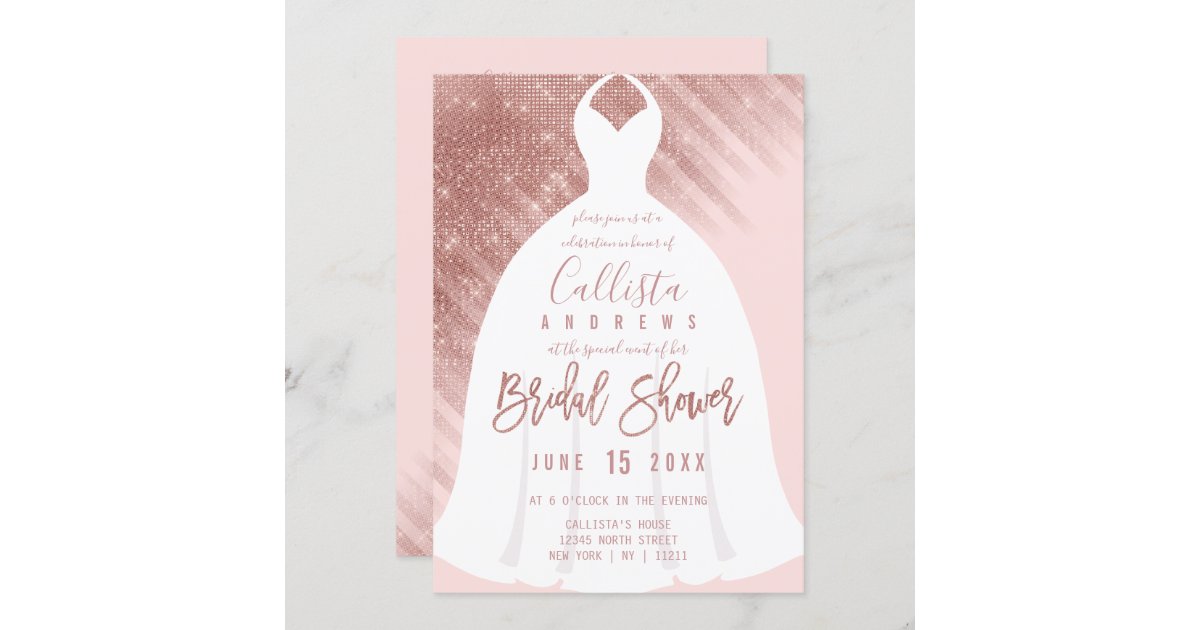 Elegant Pink Rose Gold Glitter Dress Bridal Shower Invitation Zazzle