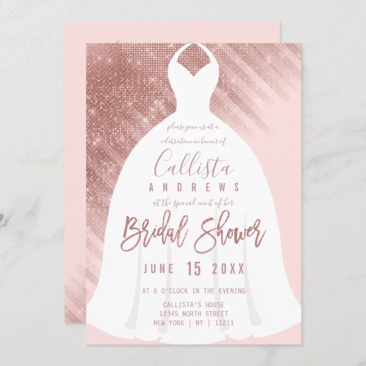 Elegant Pink Rose Gold Glitter Dress Bridal Shower Invitation | Zazzle