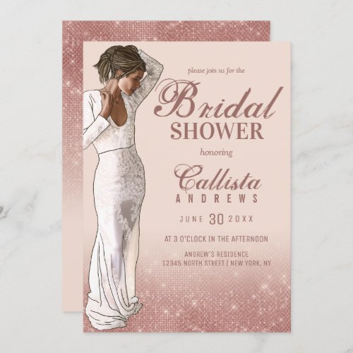 Elegant Pink Rose Gold Glitter Dress Bridal Shower Invitation