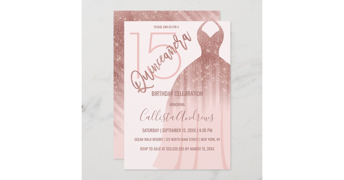 Elegant Personalized Rose Gold Glitter Quinceanera Invitations - Modern  Pink Paper