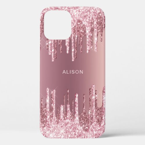 Elegant pink rose gold glitter drips custom name iPhone 12 pro case