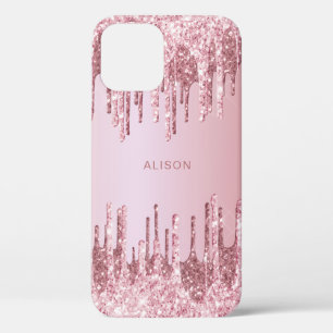 Elegant pink rose gold glitter drips custom name iPhone 12 pro case