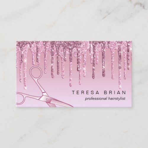 Elegant pink rose gold glitter drips hairstylist business card