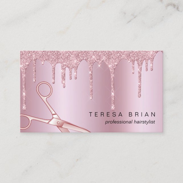 Elegant pink rose gold glitter drips hairstylist business card (Front)