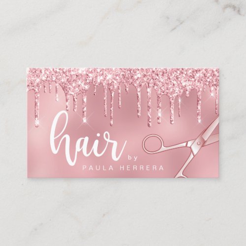 Elegant pink rose gold glitter drips hairstylist business card