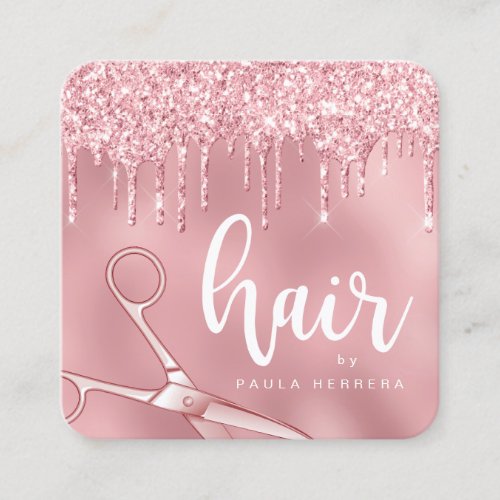 Elegant pink rose gold glitter drips hairstylist square business card