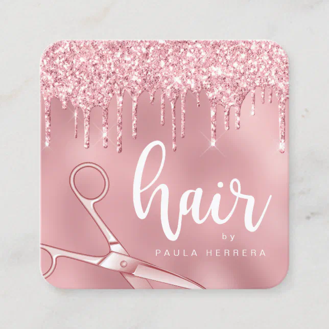 Elegant Pink Rose Gold Glitter Drips Hairstylist Square Business Card Zazzle 5121