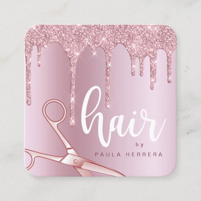 Elegant pink rose gold glitter drips hairstylist square business card (Front)