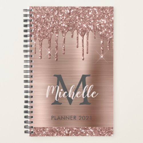 Elegant Pink Rose Gold Glitter Drips Monogram 2024 Planner