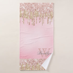 Elegant Pink Rose Gold Glitter Drips Monogrammed Bath Towel